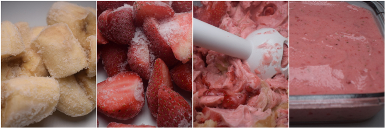 Congelar y triturar las frutas para el helado casero de fresa