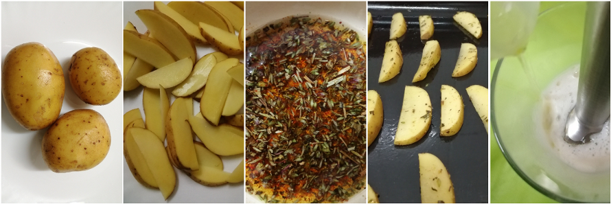 Cortar patatas, sazonar, hornear y preparar el alioli vegano